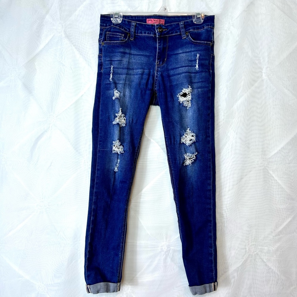 Wax Jeans Butt I Love You Stretch Distressed Skinny Jeans Size 7